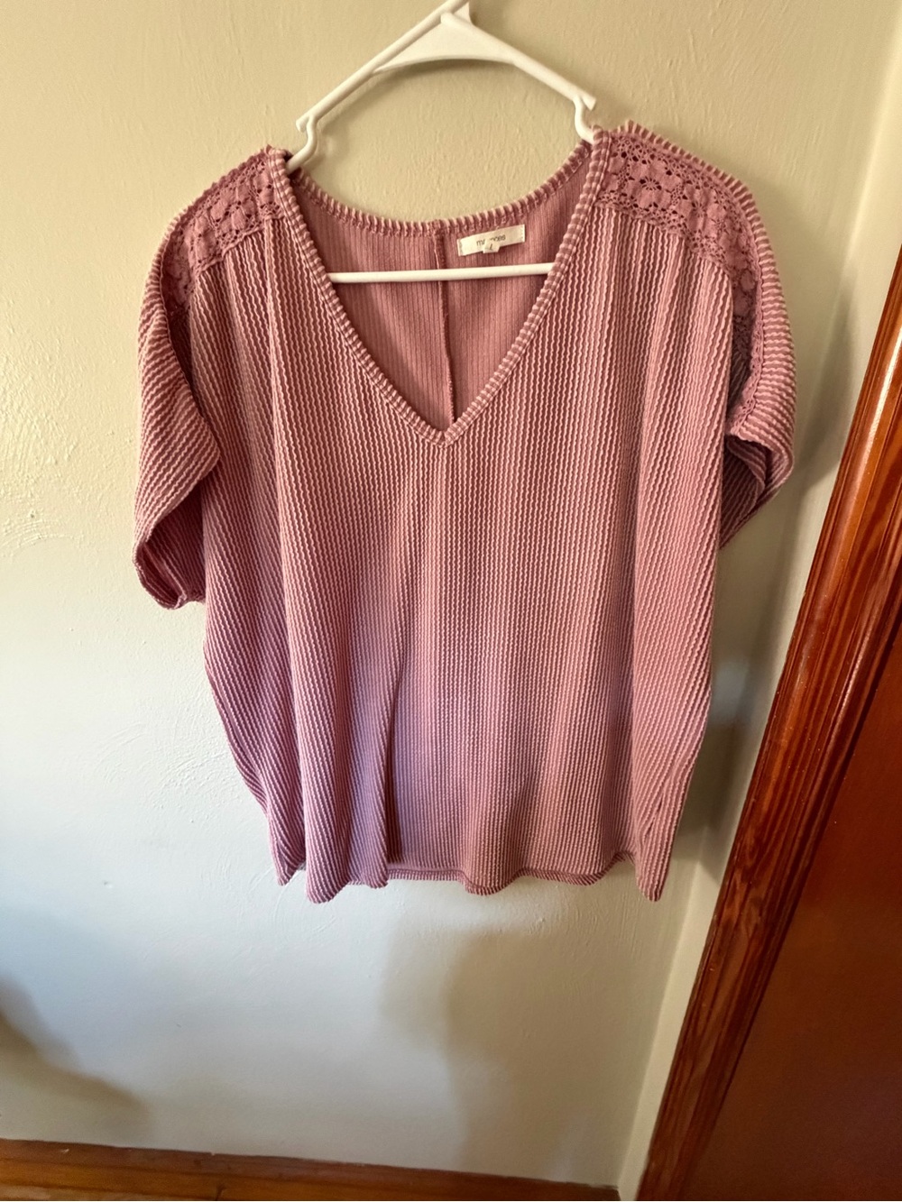 Maurices Mauve Waffle V-Neck Top with Lace Shoulders